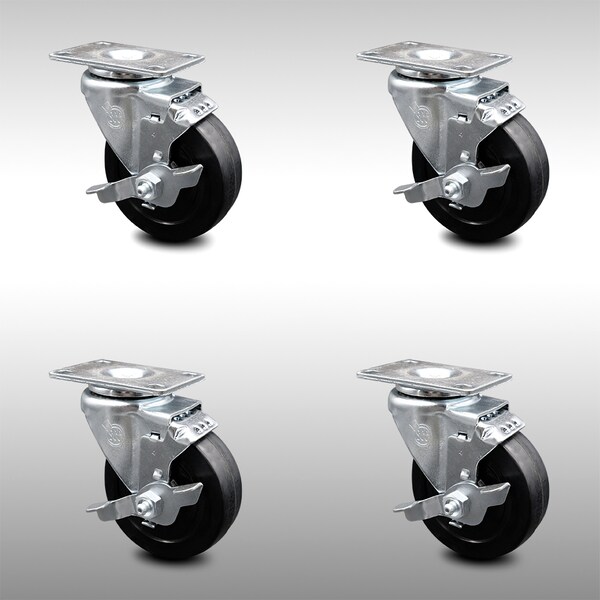 4 Inch SS Soft Rubber Swivel Top Plate Caster Set with Brake